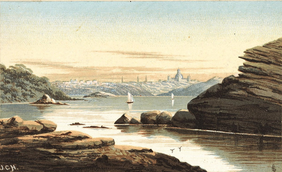 Sydney Harbour from Watsons Bay, with the Garden Palace on the skyline — illustration, from Watsons Bay, c. 1880