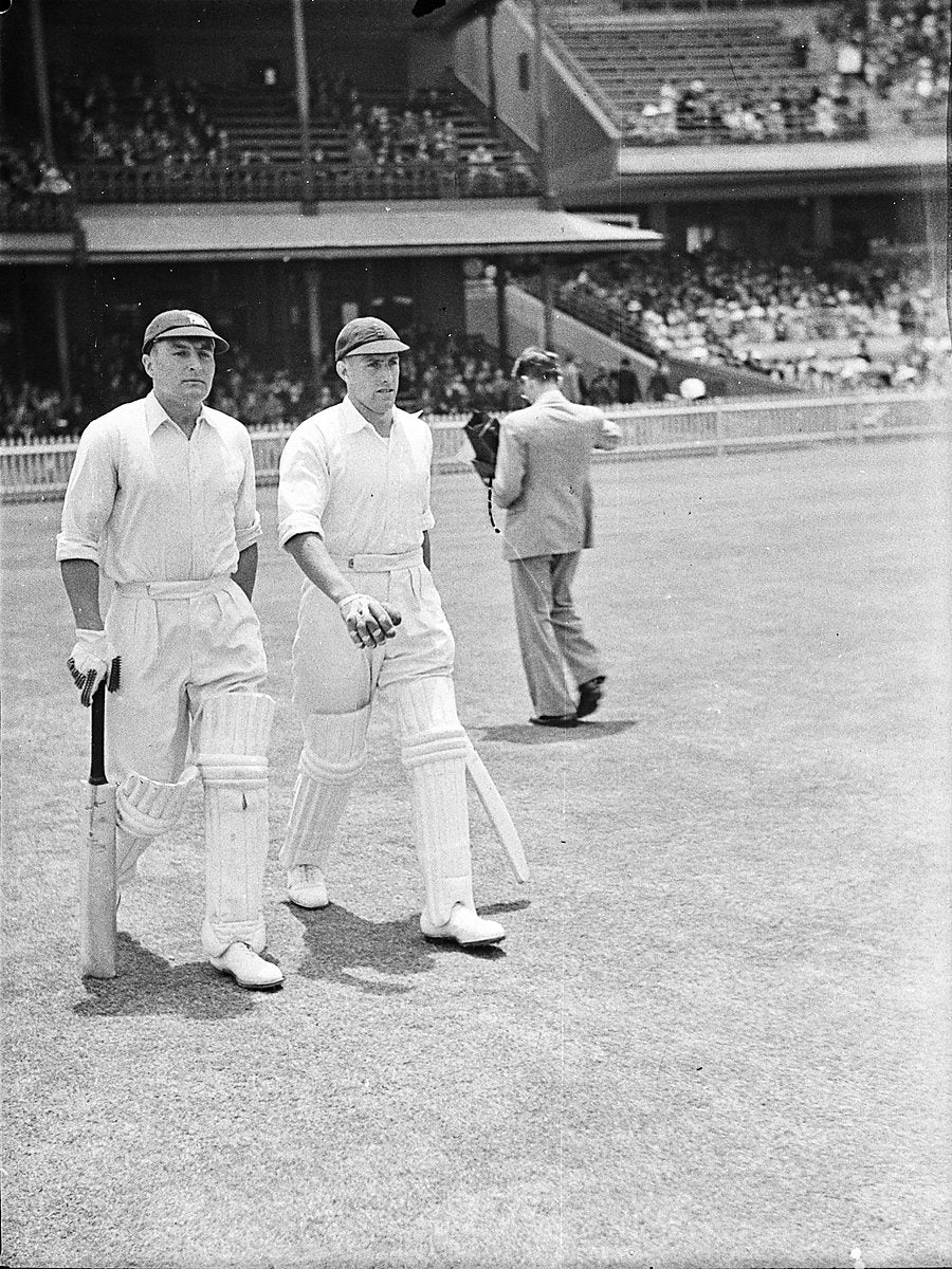 Two MCC batsmen walking out, Second Test, Sydney Cricket Ground — photograph, from Sydney Cricket Ground, 1936