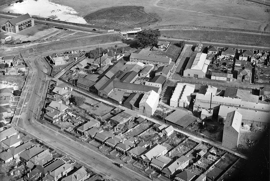 Milton Kent aerial view of a Sydney industrial precinct and terraced streets — photograph, 1930s
