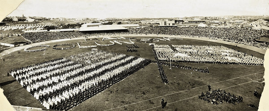 Schoolchildren forming human flags at the Sydney Cricket Ground — photograph, from Sydney Cricket Ground, 1908