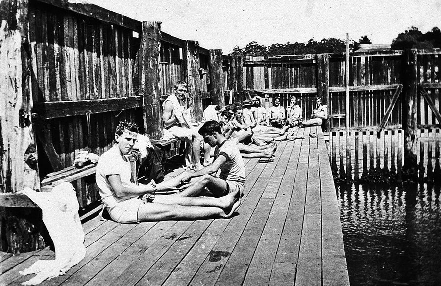 St Ignatius' Baths, Riverview — bathers on the timber decking — photograph, from Saint Ignatius' College