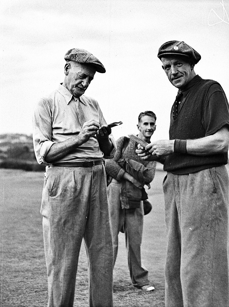 Golfers comparing scorecards, Royal Sydney Golf Club — photograph, from Royal Sydney Golf Club, 1938