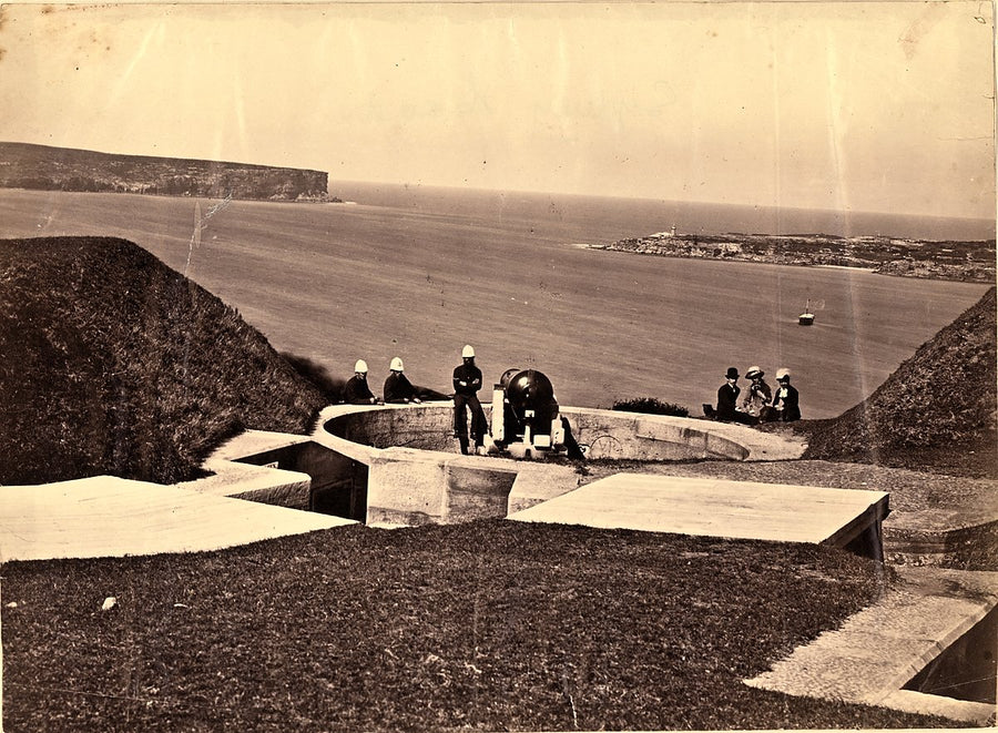 80-pounder RML gun emplacement, Georges Heights — photograph, from Mosman, c. 1890
