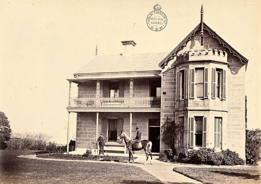 Upton Grange, North Sydney, with a horse and two men in the garden — photograph, from North Sydney, c. 1880s
