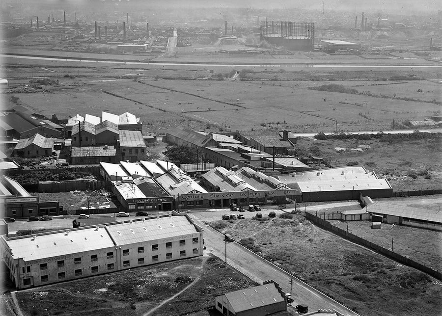 Century Storage Battery Co. works from the air, Alexandria district — photograph, from Alexandria, 1930s