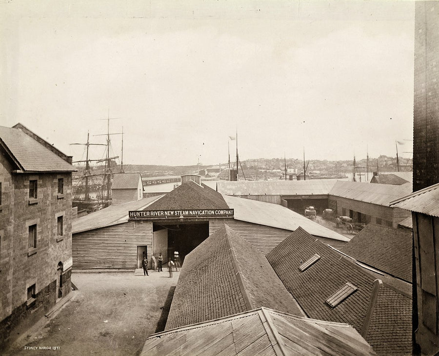 Hunter River New Steam Navigation Company warehouse, Darling Harbour — photograph, from Darling Harbour, 1871