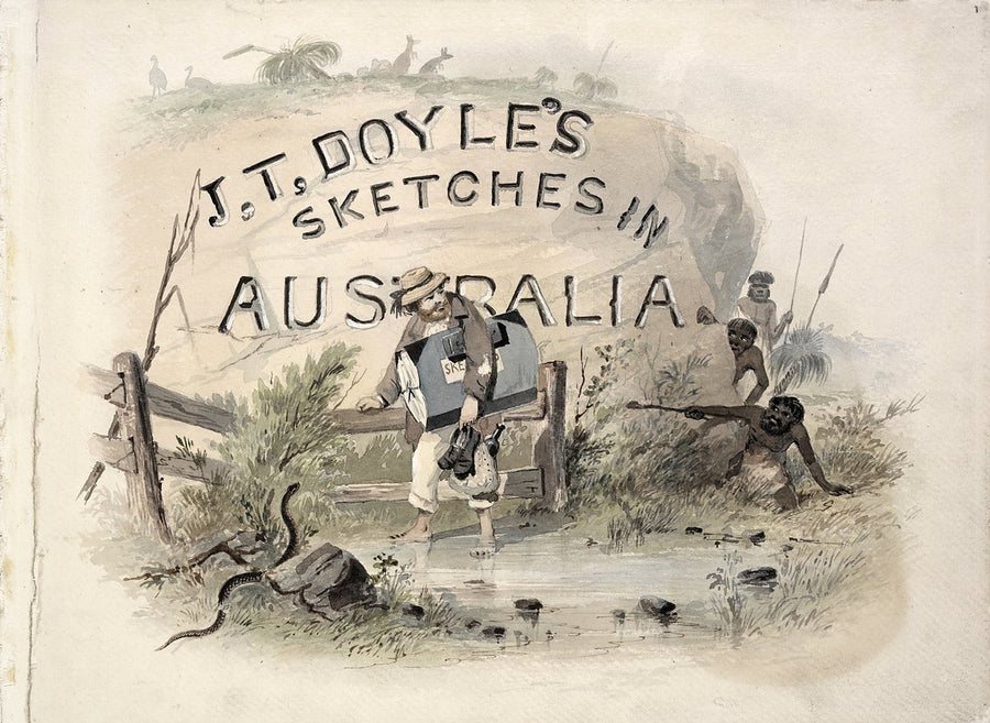 Illustrated title page for 'J.T. Doyle's Sketches in Australia' — illustration, c. 1862–63