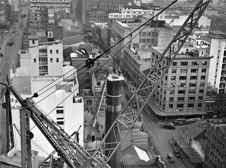 Demolition of Dixson's tobacco factory smokestack, Sydney — photograph, from 201 Elizabeth Street, 1932