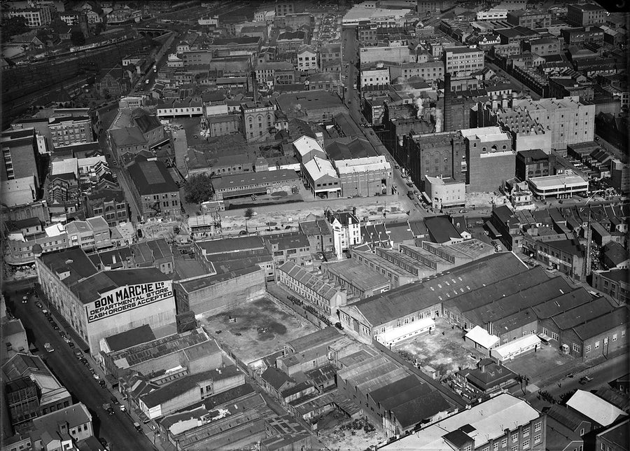 Bon Marché building and Kent Brewery, Broadway, Sydney — photograph, from Bon Marche, c. 1940