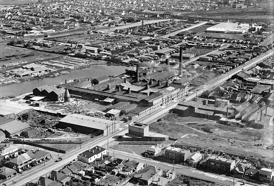 Bottle kilns of a Marrickville pottery works from the air — photograph, from Marrickville, 1935–45