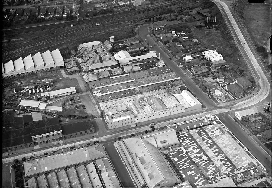 Duly & Hansford motor parts factory, Marrickville, from the air — photograph, from Marrickville, c. 1940