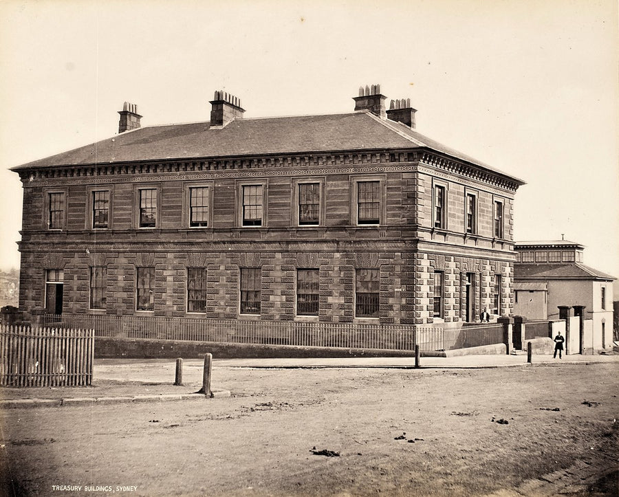 Colonial Treasury, Macquarie and Bridge Streets, Sydney — photograph, from Macquarie Street, c. 1870–90