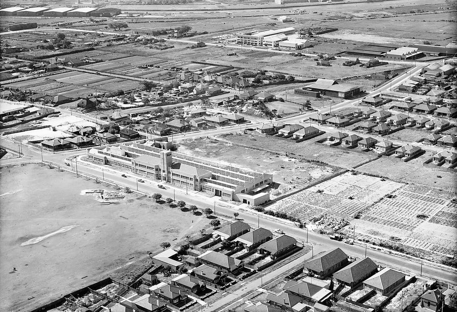 Multi-storey factory among market gardens and housing, Mascot — photograph, from Mascot, 1940s