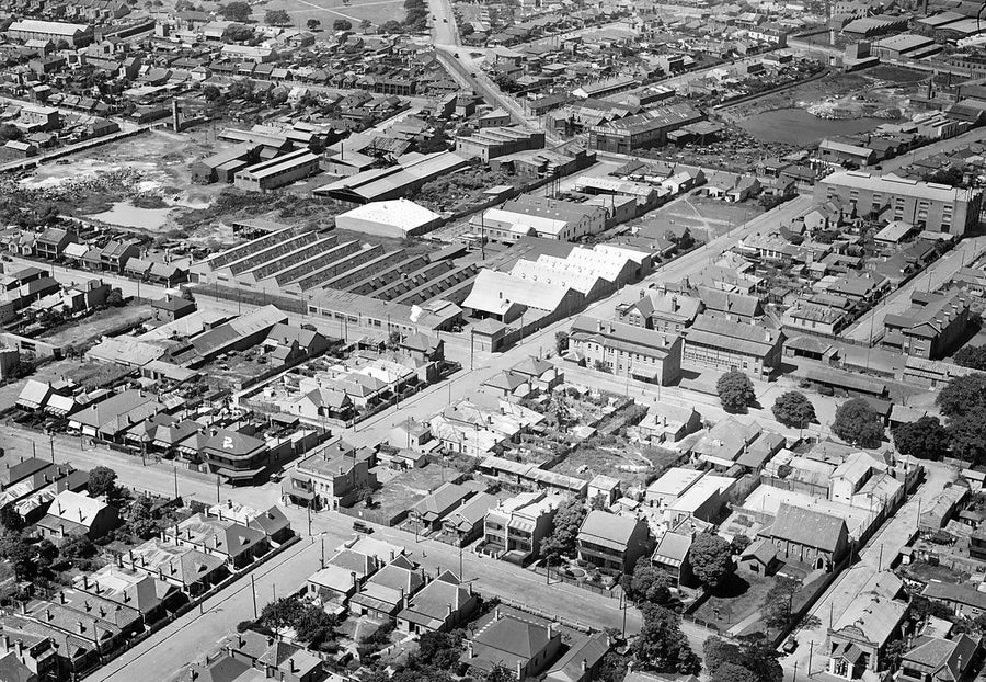 Terrace grid and factories at Marrickville, from the air — photograph, from Marrickville, after 1935