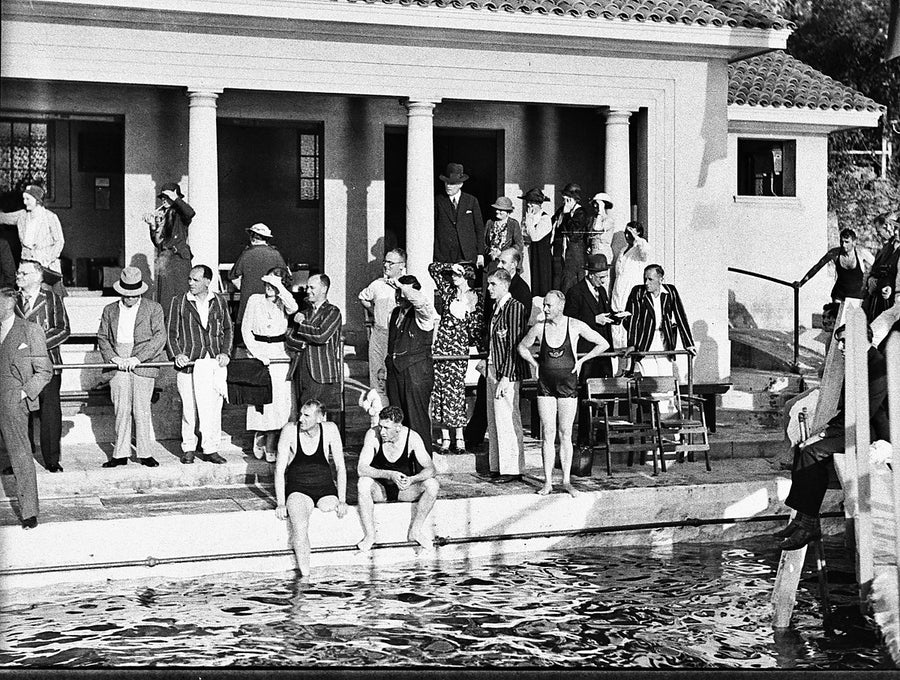 Swimmers and spectators at the Limbless Soldiers' Aquatic Club pool, Vaucluse — photograph, from Vaucluse, 1935