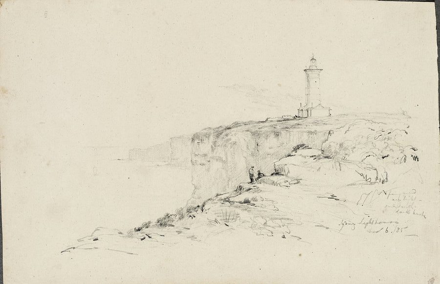 Macquarie Lighthouse on the cliffs at South Head — illustration, from Vaucluse, 1835–42