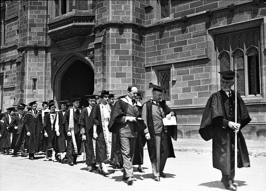 Academic procession at the University of Sydney Quadrangle — photograph, from The University of Sydney, 1936