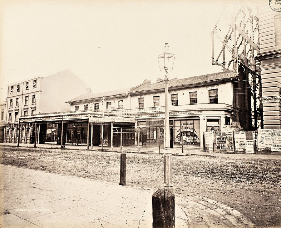 George Street shopfronts, Sydney — photograph, from George Street, 1871
