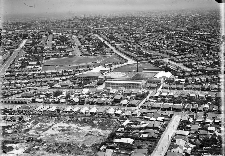 Aerial view of a Sydney factory complex and suburban streets — photograph, 1930s