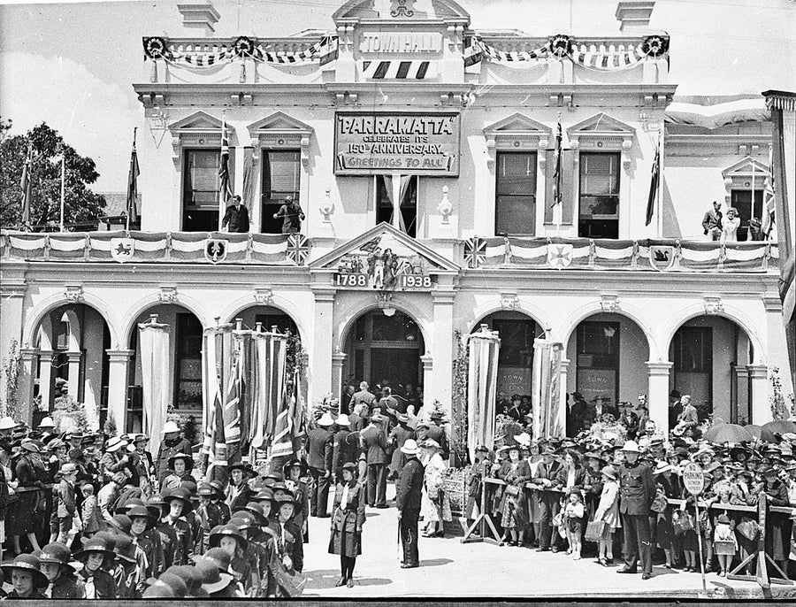 Parramatta Town Hall dressed for the 150th anniversary — photograph, from Parramatta Town Hall, 1938