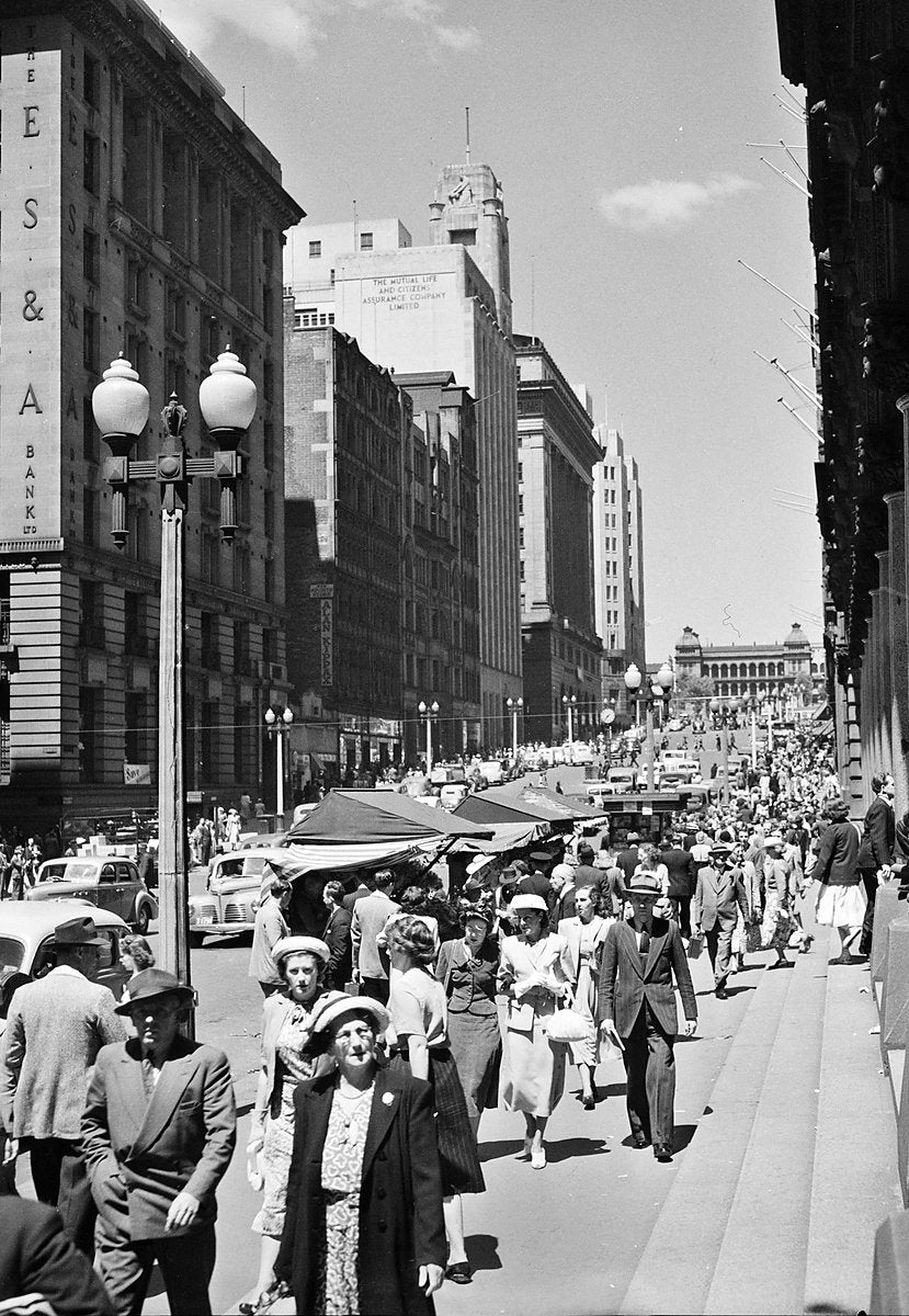 Footpath crowds and street stalls, Martin Place, Sydney — photograph, from Martin Place, 1949