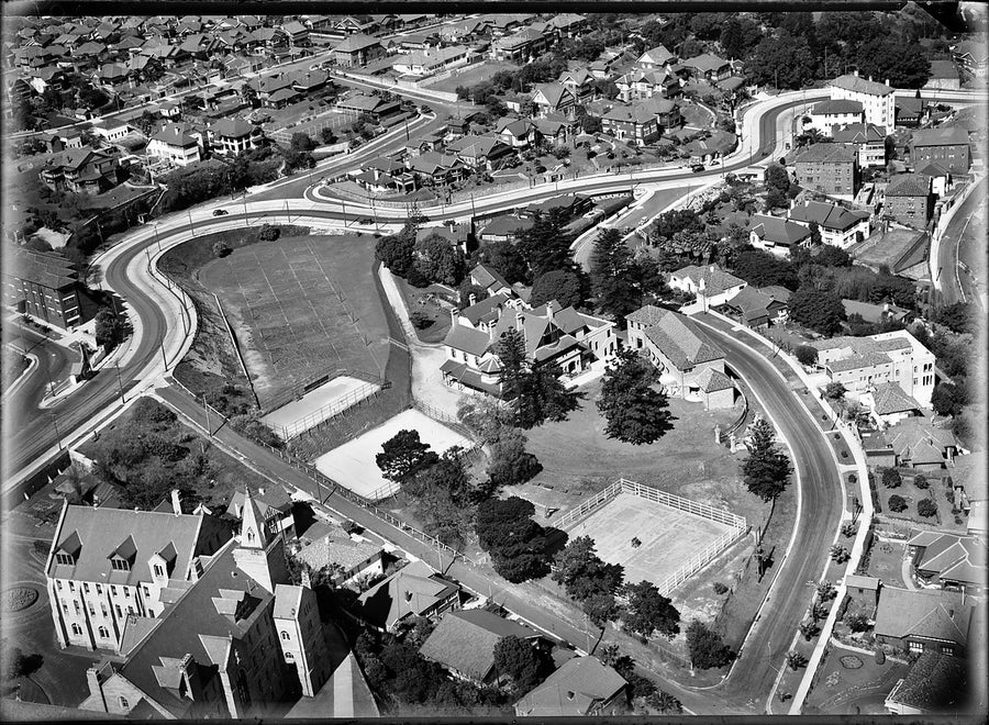 Kambala School and its grounds, Rose Bay, from the air — photograph, from Rose Bay, 1930–50