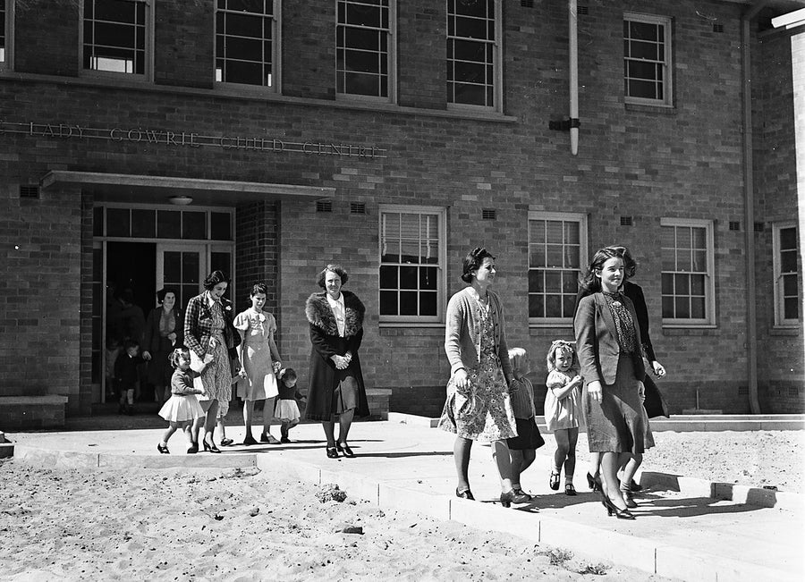 Mothers and children leaving the Lady Gowrie Child Centre, Erskineville — photograph, from Erskineville, 1940