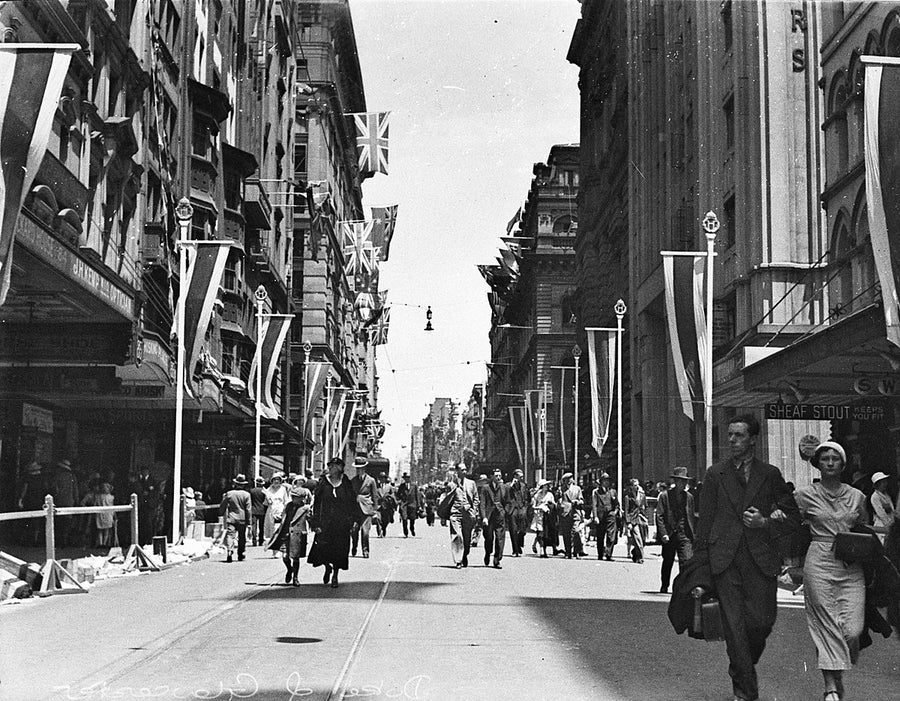 Pitt Street dressed with flags for the Duke of Gloucester's visit — photograph, from Pitt Street, 1934