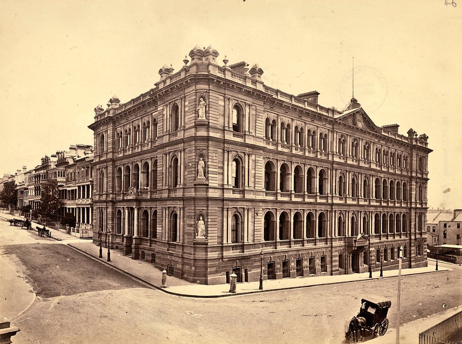 Colonial Secretary's Office, corner of Macquarie and Bridge Streets, Sydney — photograph, from Chief Secretary's Building, c. 1880s