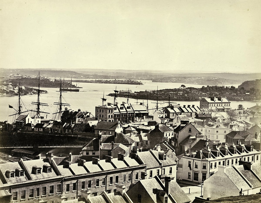 Millers Point rooftops and harbour, with sailing ships off Kent Street — photograph, from Millers Point, c. 1875–85