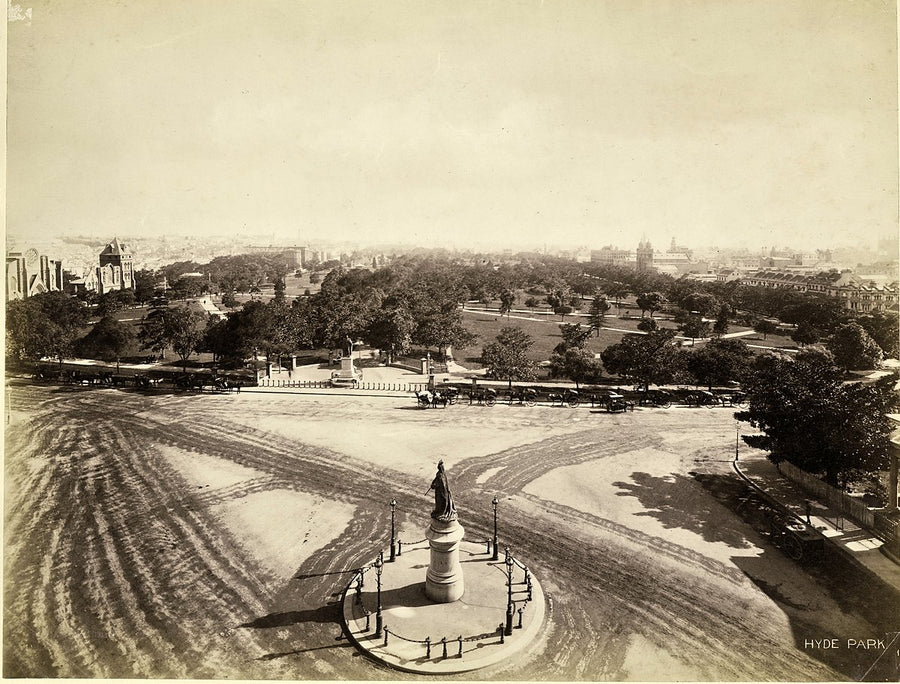 Queen Victoria statue and Hyde Park, Sydney — photograph, from Hyde Park, c. 1888–90