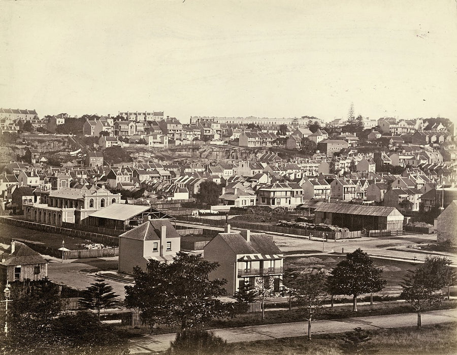 Woolloomooloo rooftops and Forbes Street frontage — photograph, from Woolloomooloo, c. 1875–85