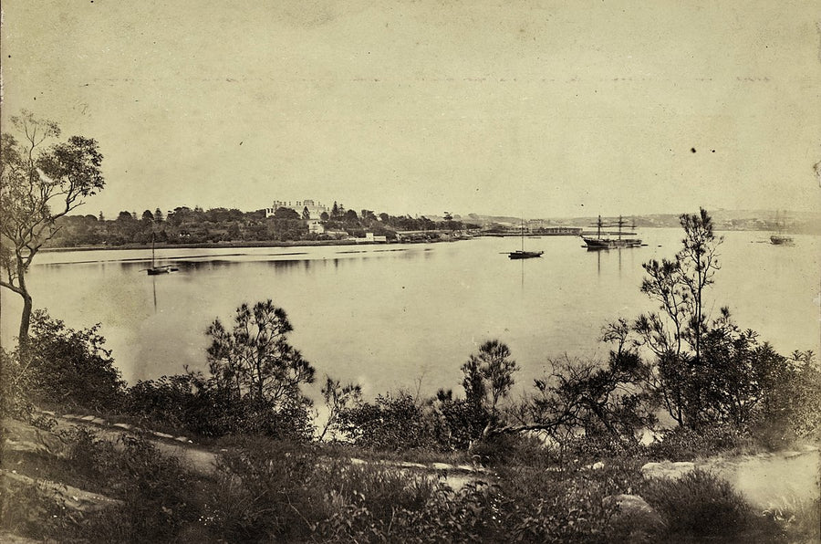 Farm Cove from across the water, with shipping at anchor — photograph, from Farm Cove, c. 1870s
