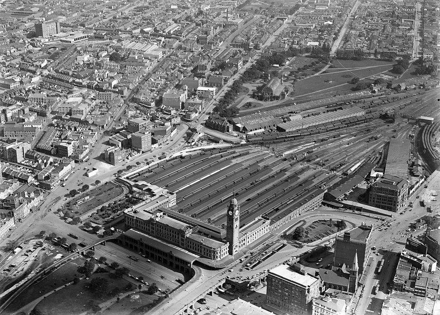 Central railway station, Sydney, from the air — photograph, from Haymarket, c. 1920–38