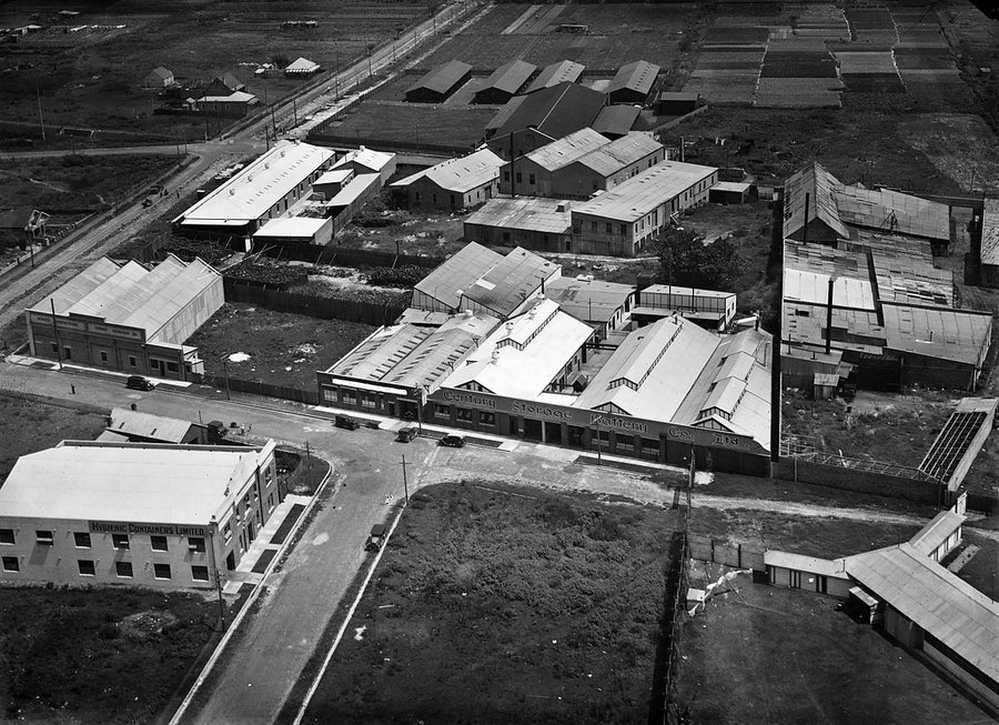 Century Storage Battery Co. works and market gardens from the air — photograph, 1930s