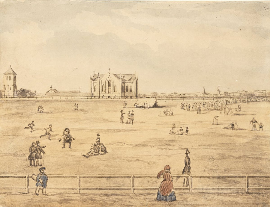 Hyde Park, with old St Mary's Cathedral and the Woolloomooloo windmills — illustration, from Hyde Park, 1842