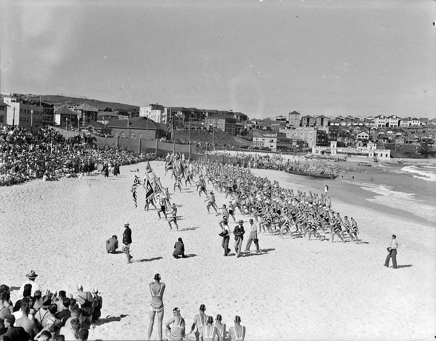 Surf lifesavers on parade, Bondi Beach surf carnival — photograph, from Bondi Beach, 1937–41
