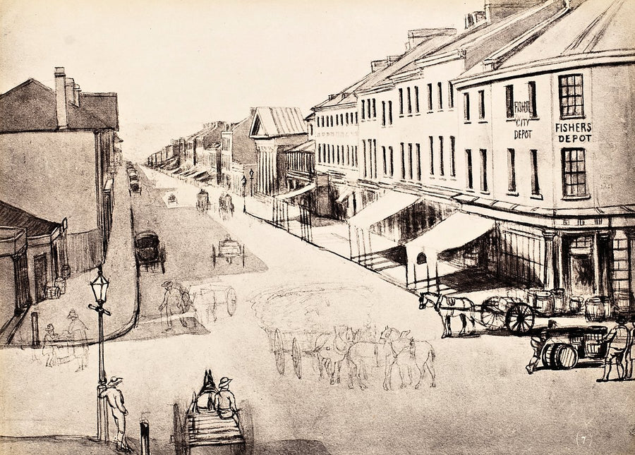 George Street looking north from King Street, Sydney — photograph, from George Street, 1842