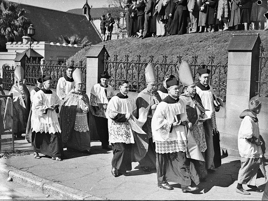 Bishops in procession at the Fourth Plenary Council, St Mary's Cathedral — photograph, from St Mary's Cathedral, 1937
