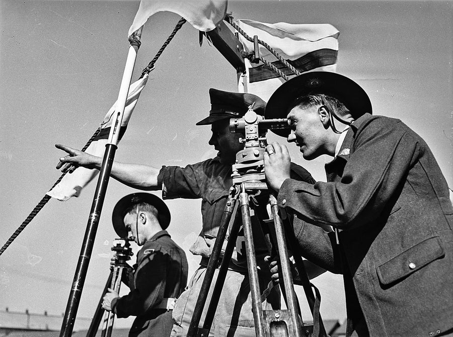 Army recruits at surveying instruction, Marrickville depot — photograph, from Marrickville, 1948