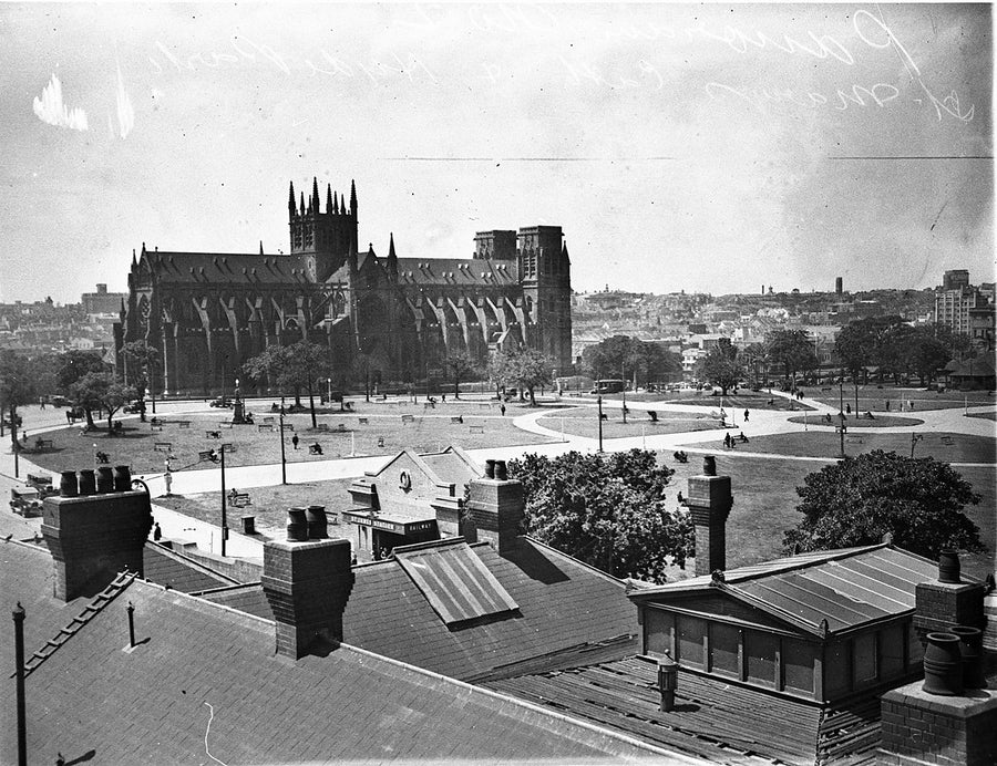 St Mary's Cathedral and Hyde Park from the Supreme Court roof — photograph, from Hyde Park, c. 1930s