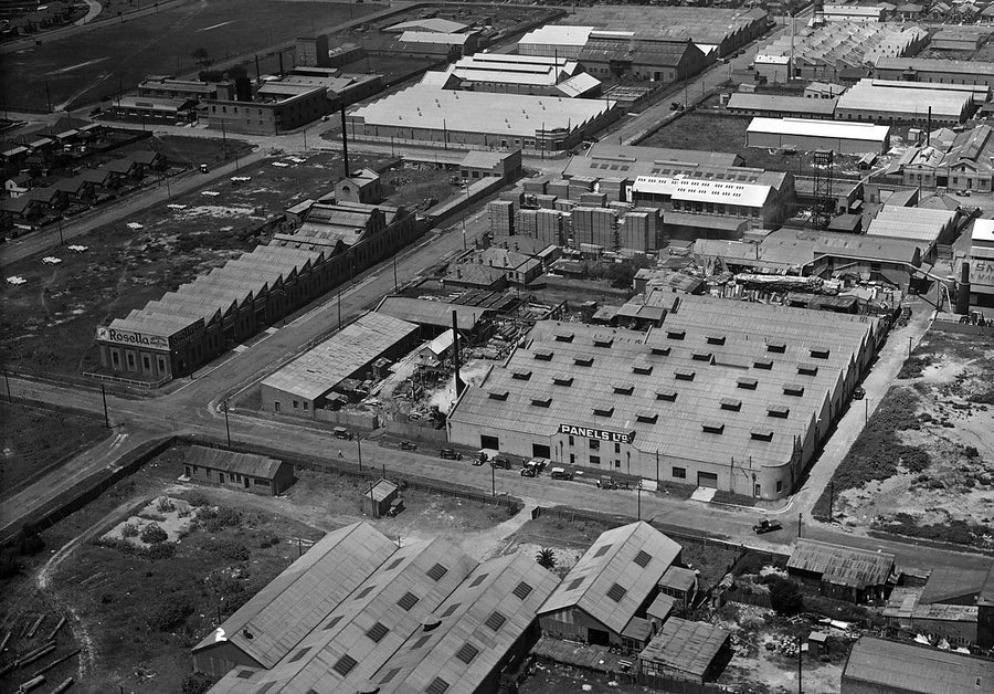 Panels Ltd and Rosella works, Rosebery, from the air — photograph, from Rosebery, c. 1940