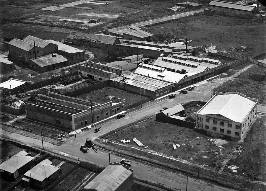 Century Storage Battery Co and neighbouring works from the air — photograph, from Alexandria, 1930s