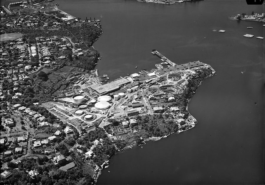 Vacuum Oil depot and wharves at Pulpit Point, Hunters Hill — photograph, from Pulpit Point, c. 1935