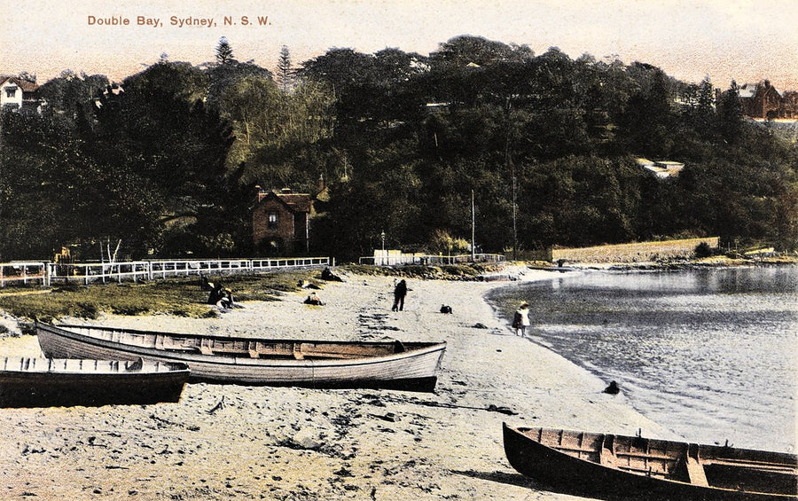 Dinghies on the beach at Double Bay, Sydney — photograph, from Double Bay, c. 1910–15