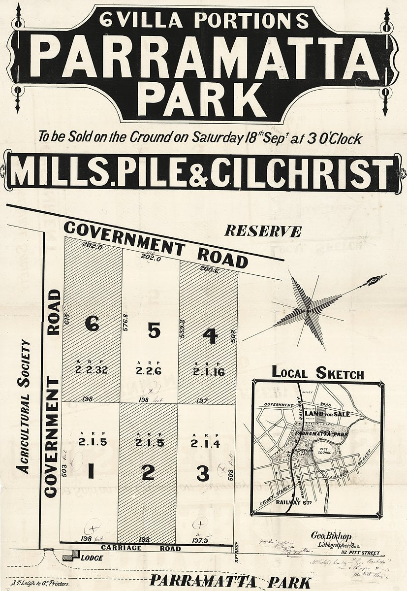 Six villa portions fronting Parramatta Park — Mills, Pile & Gilchrist auction plan — map, from Parramatta Park, 1836–1929