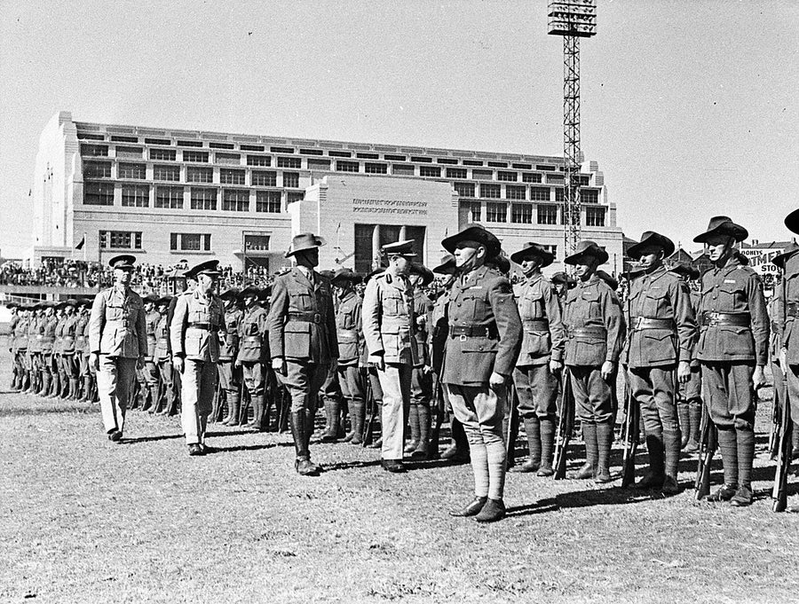 Military parade on opening day of the 1940 Sydney Royal Easter Show, Moore Park — photograph, from Moore Park