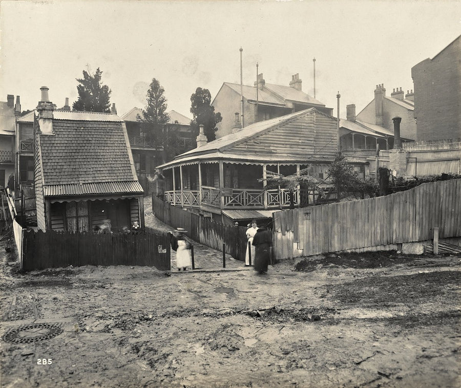 Weatherboard cottages in the plague quarantine area, The Rocks — photograph, from The Rocks, 1900