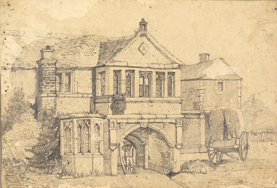 Pencil sketch of a stone gatehouse with covered wagon, European scene — illustration, c. 1832–50