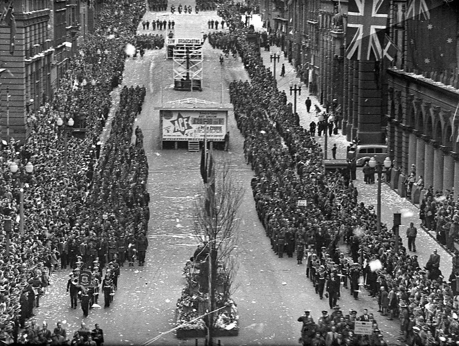 Victory march through central Sydney — photograph, from Novotel Sydney City Centre, 1945